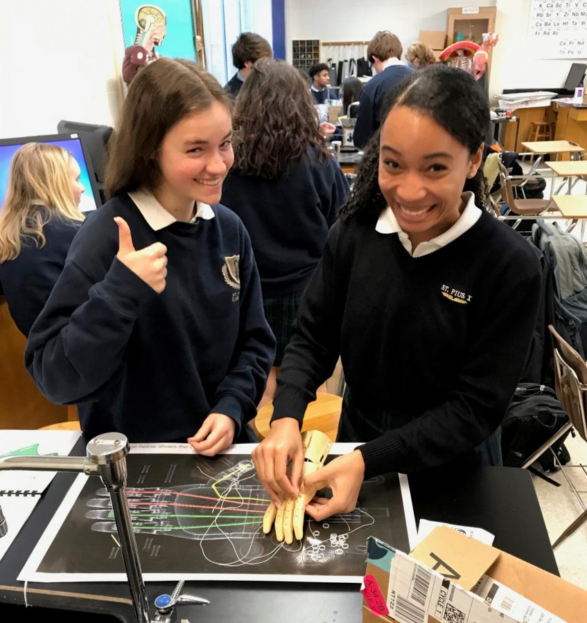 Senior Minnie Black and junior Colby Johnson smile as they assemble their prosthetic hand in anatomy class.