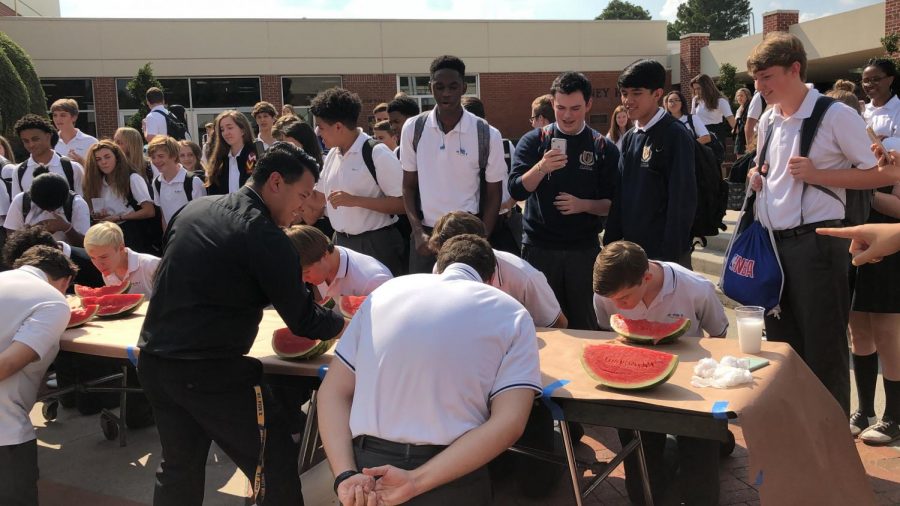 Memebers of the Frassati Club compete in a watermelon contest one afternoon in September. The competition was used as a unique way to determine the student leaders of the group. The winners were senior Jacob Pajer, juniors Jackson Mulligan and Mason Benefield, and sophomore Matthew Banna