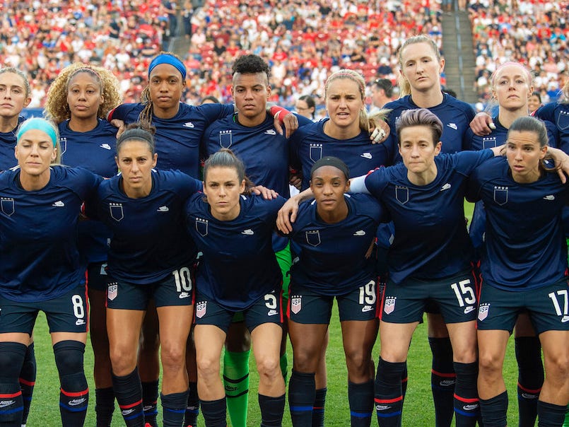 The US Womens National Team wears their warm-up jerseys inside out before a game in March. They were protesting statements made by the U.S. Soccer Federation in response to their equal pay lawsuit.