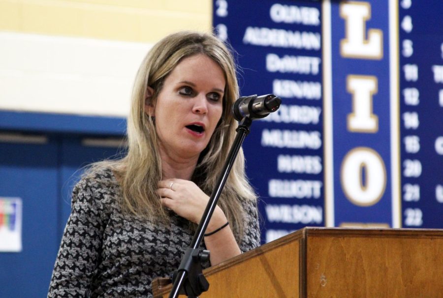 Ms. Molly Welch speaks to the student body on Friday, January 14 about the dangerous consequences of distracted driving. 