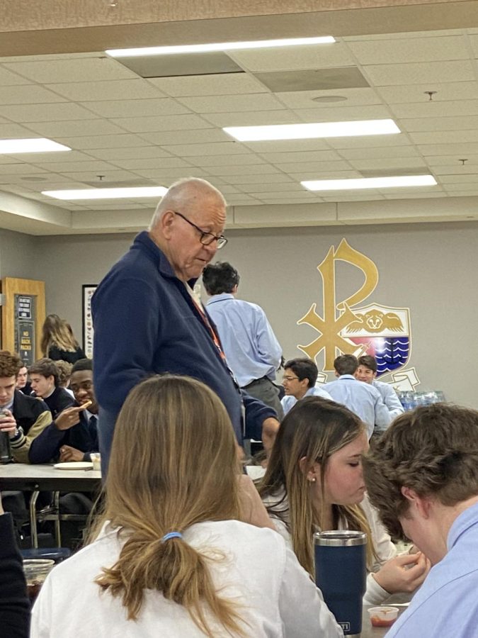 Mr. Bob Tipton monitors students in the cafeteria during lunch. Before working at St. Pius X, Mr. Tipton served in the military, drove a bus, and is an ordained deacon in the Catholic Church.