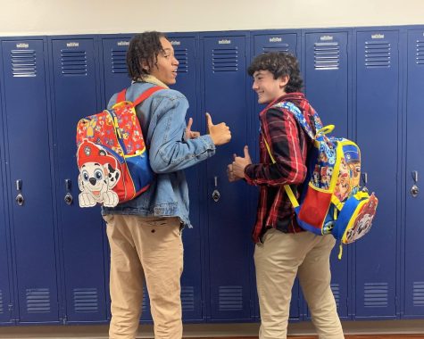Seniors Miles Johnson (left) and Ford Crane show off their matching Paw Patrol backpacks.
