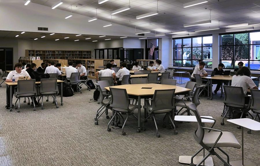 The library renovations include new rooms, booths with tables, and stadium steps in front of the windows looking into the senior courtyard all for students to enjoy before, during, and after school.