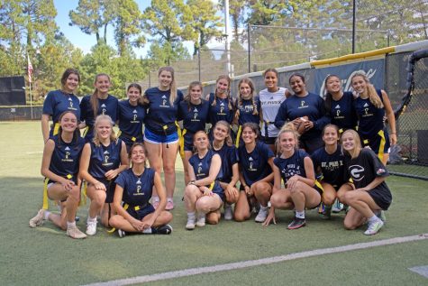The flag football team gets together for a picture after a practice in October. They host their first home game in St. Pius X history on Thursday, October 27 at 5:30 pm and 7:30 pm.