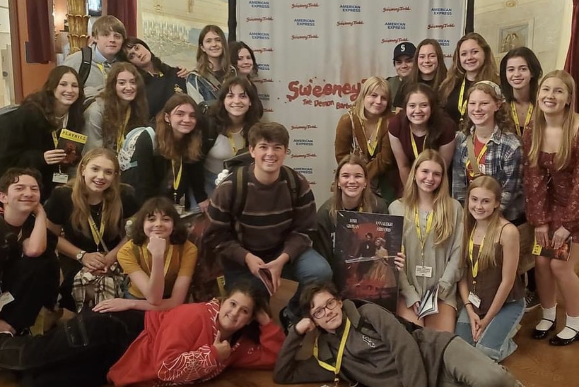 Students on the theater trip to New York City gather together before seeing the broadway musical Sweeney Todd. This was one of four shows the group saw on their trip.