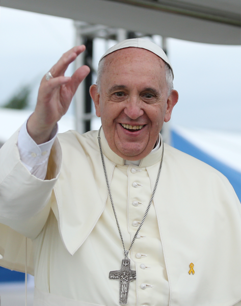 Pope Francis waves to the crowd after the closing Mass for Asian Youth Day in 2014. 